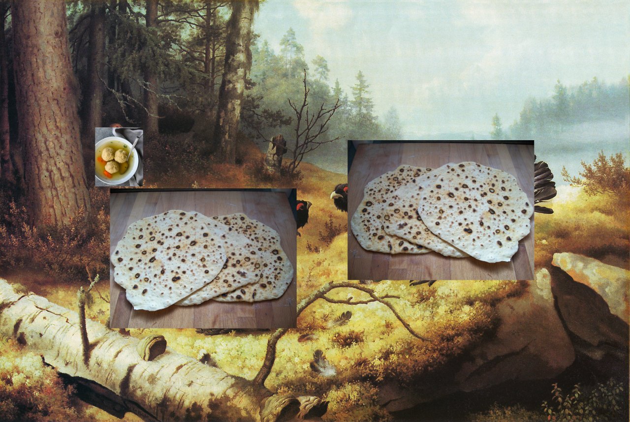 The painting of the fighting woodgrouses but edited matzo bread over them, the woodgrouse hen observing has a matzo ball soup edited over it The painting of the fighting woodgrouses but edited matzo bread over them, the woodgrouse hen observing has a matzo ball soup edited over it