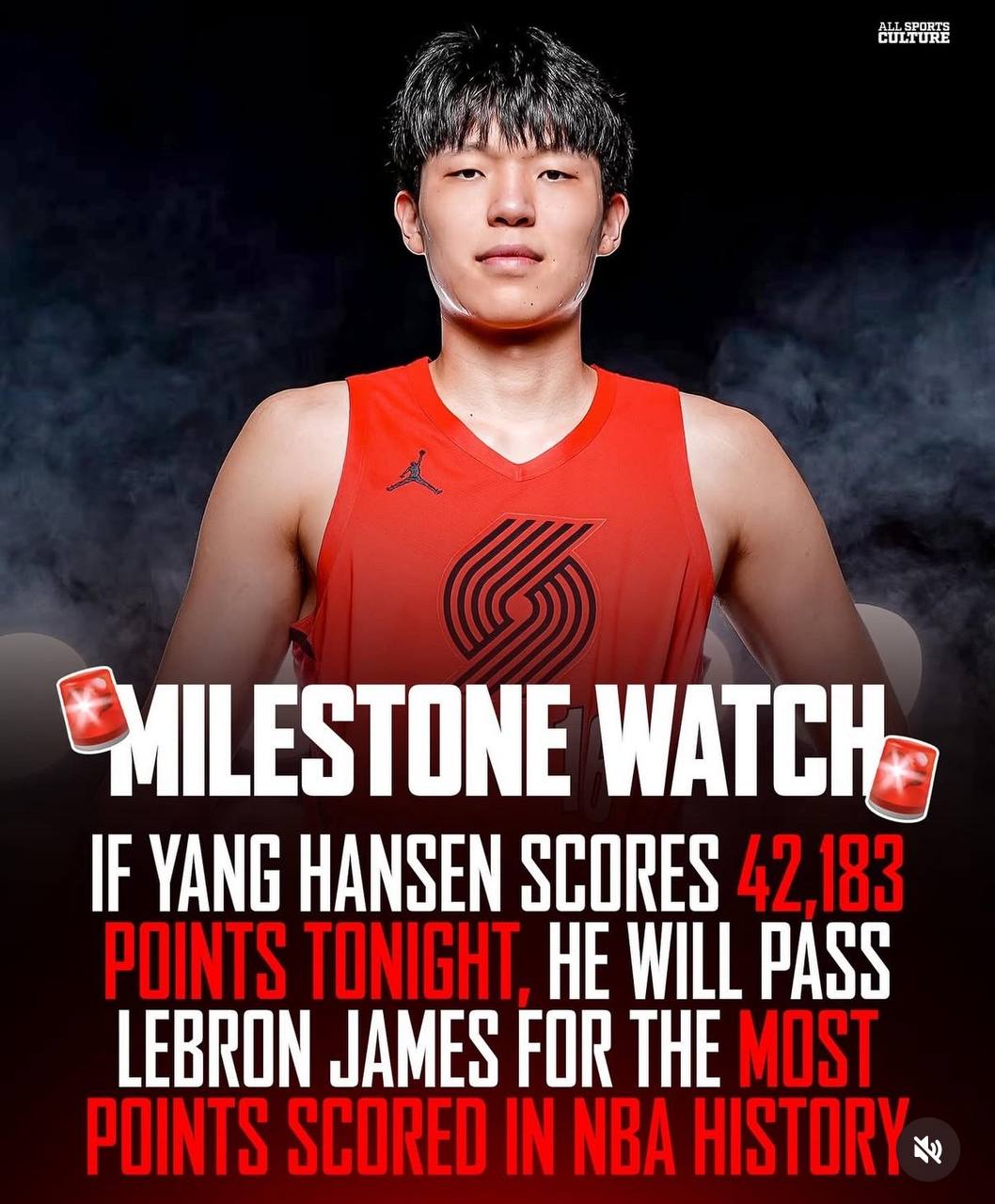 MILESTONE WATCH If Yang Hansen scores 42183 points tonight, he will pass LeBron James for the most points scored in NBA history MILESTONE WATCH If Yang Hansen scores 42183 points tonight, he will pass LeBron James for the most points scored in NBA history