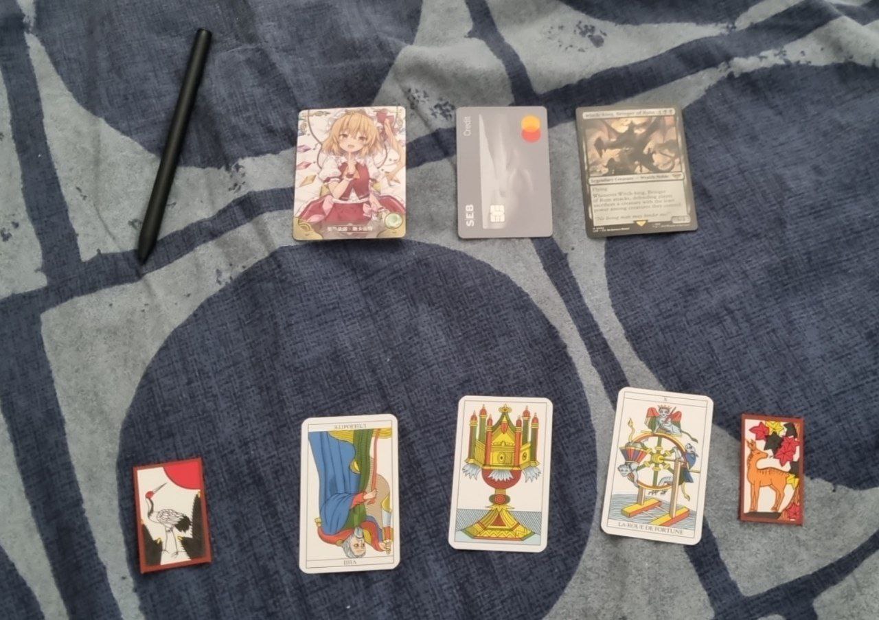 two rows; first row: stylus, some card of touhou flandre scarlet, a credit card, MTG Witch-King Bringer of Ruin; second rw: hanafuda crane (january bright), flipped tarot hermit, tarot one cup, tarot wheel of fortune, hanafuda deer (october animal) two rows; first row: stylus, some card of touhou flandre scarlet, a credit card, MTG Witch-King Bringer of Ruin; second rw: hanafuda crane (january bright), flipped tarot hermit, tarot one cup, tarot wheel of fortune, hanafuda deer (october animal)